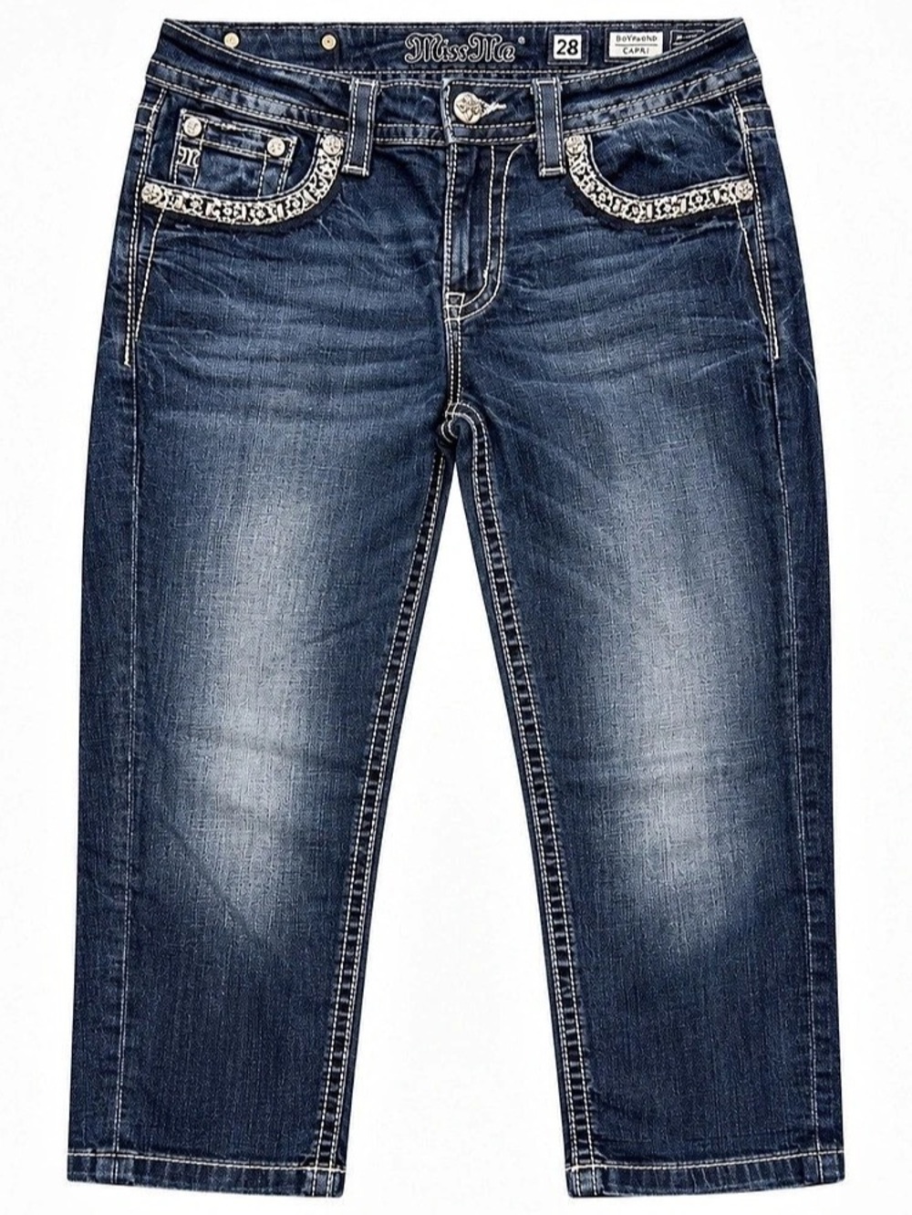 EUC Miss Me Boyfriend Capri Jeans Size 28 Embellished Dark Wash JE7041P Y2K